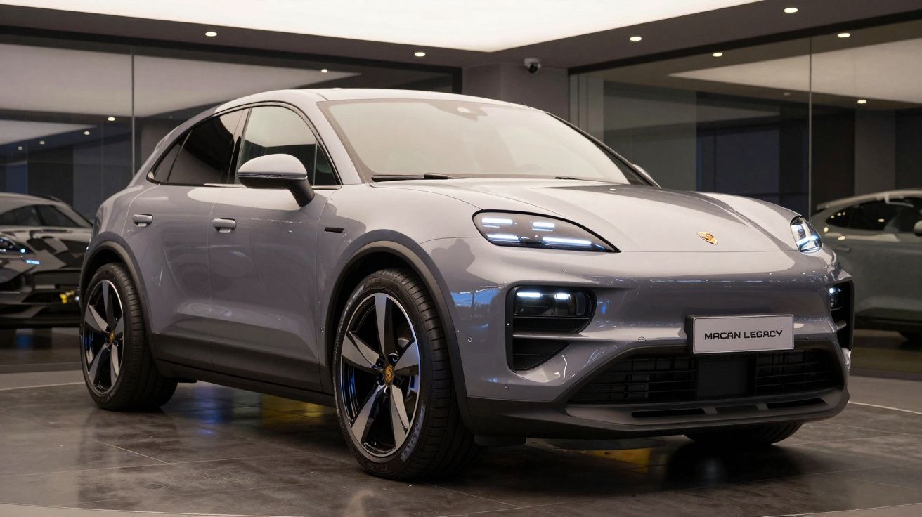 Carro elétrico Porsche Macan Legacy cinza exibido em showroom com iluminação moderna e reflexos no vidro.