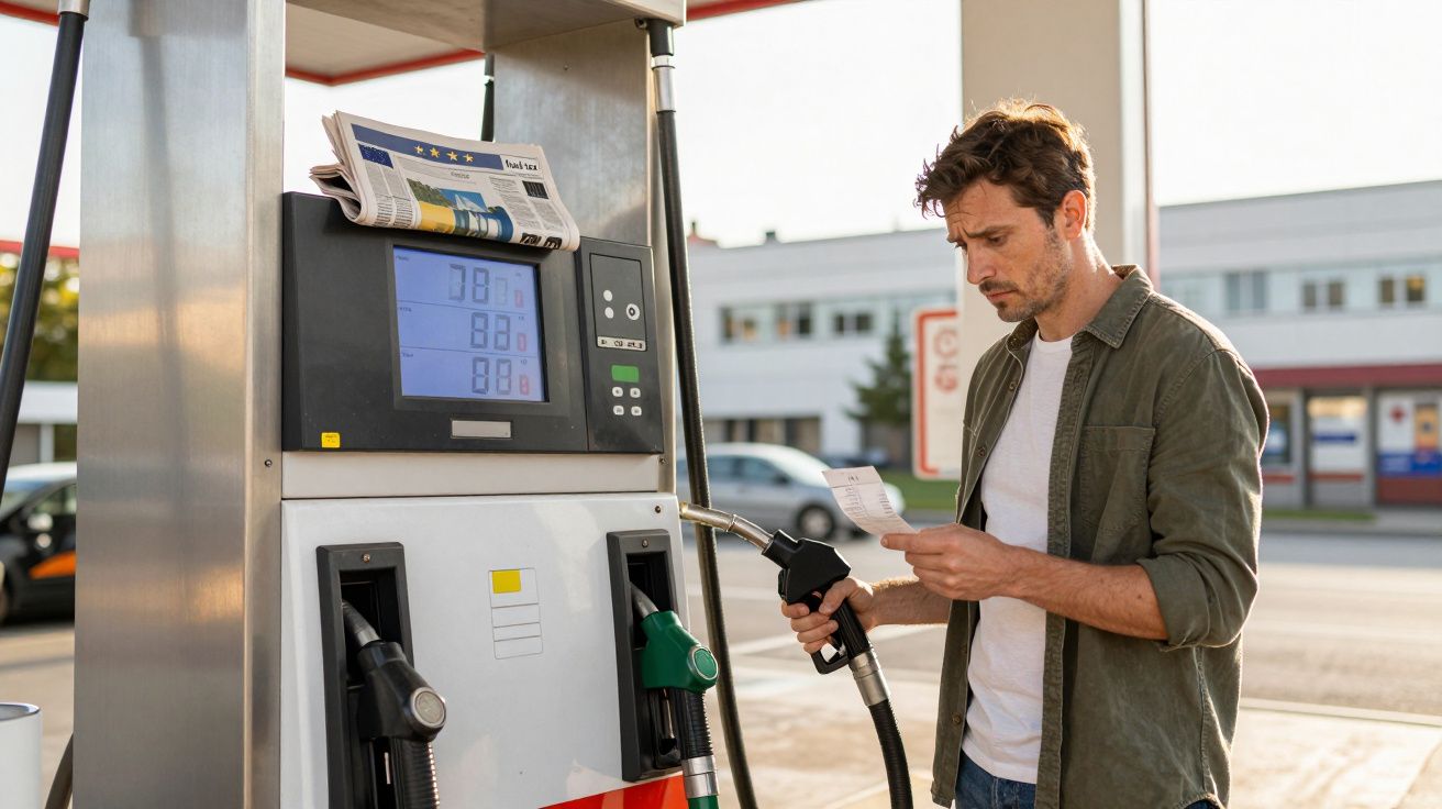 Homem segurando bomba de combustível e conferindo nota fiscal em posto de gasolina ao ar livre.