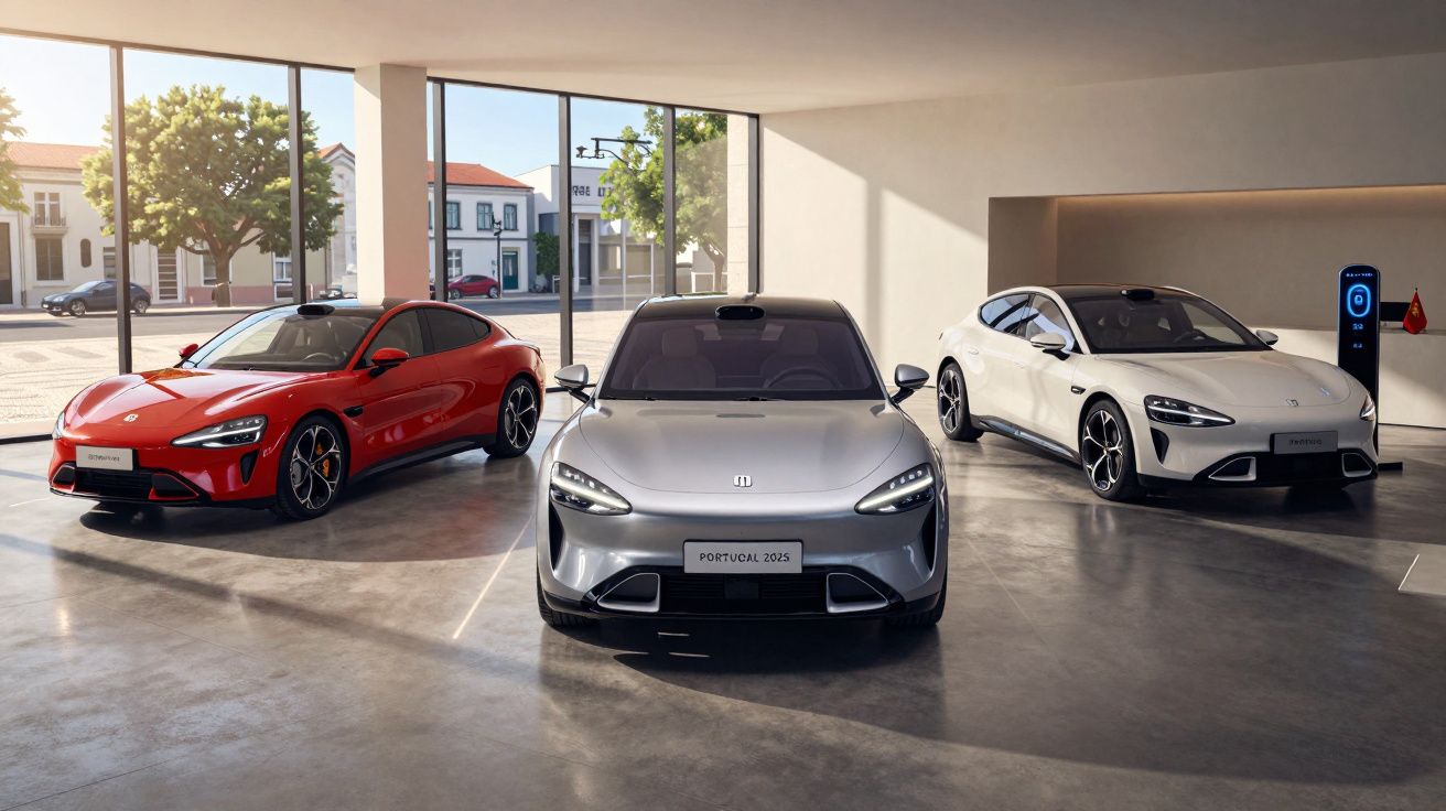 Três carros elétricos modernos estacionados em showroom iluminado, com um carro carregando ao fundo.