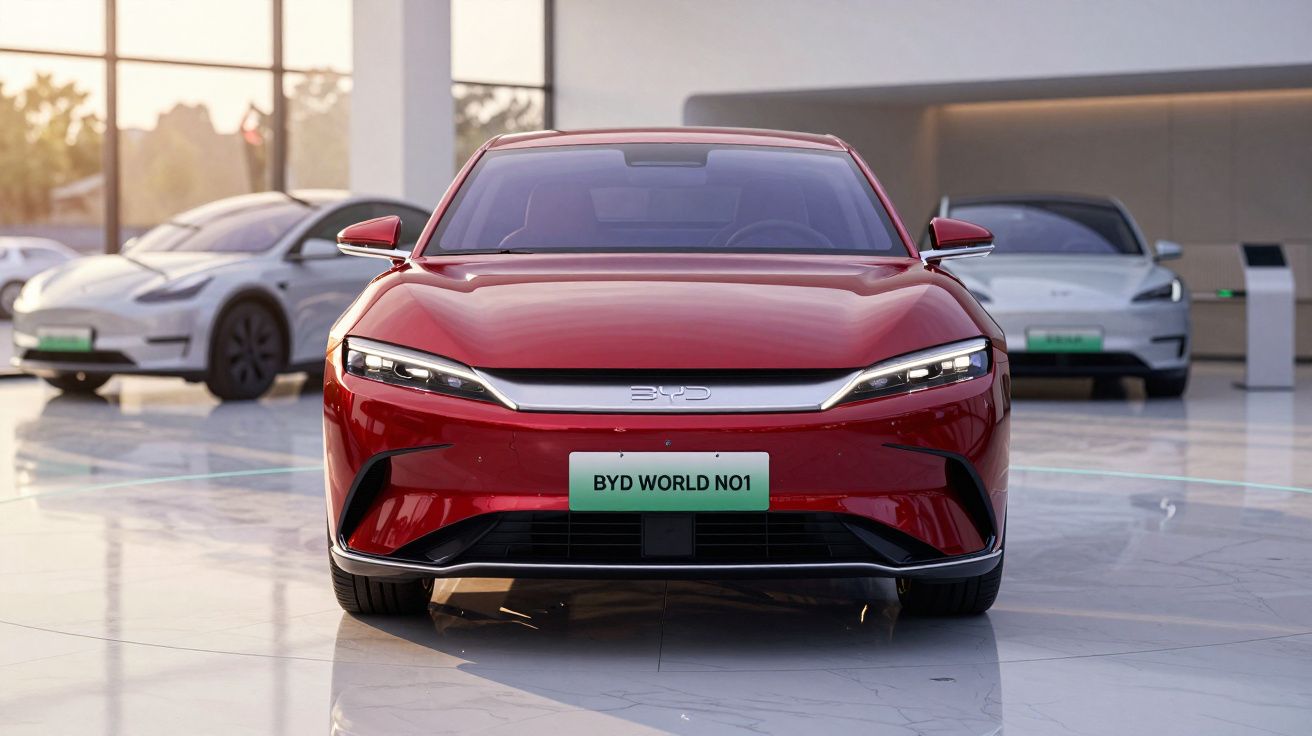 Carro elétrico vermelho BYD World No1 em exposição interna com dois carros brancos ao fundo.