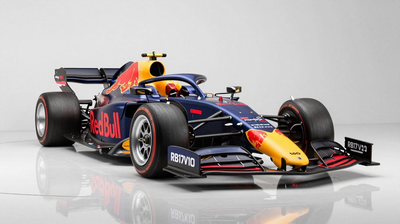 Carro de Fórmula 1 da Red Bull RB17 com pintura azul, amarela e vermelha em estúdio branco.