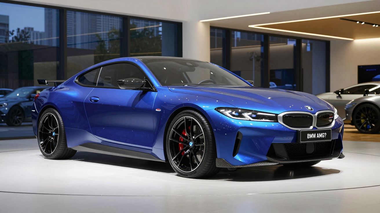 Carro esportivo BMW azul em exposição interna com rodas pretas e detalhes vermelhos nos freios.