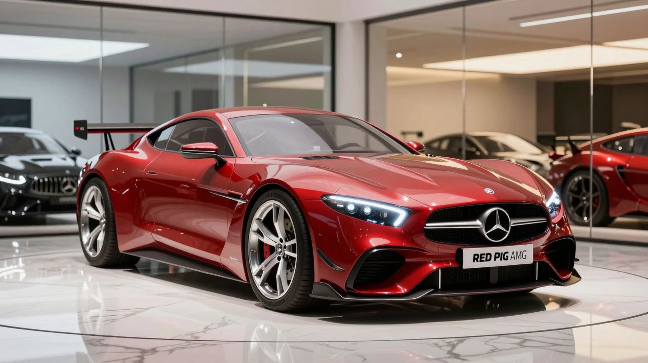 Carro esportivo Mercedes-Benz AMG vermelho brilhante em showroom com piso branco e parede de vidro.