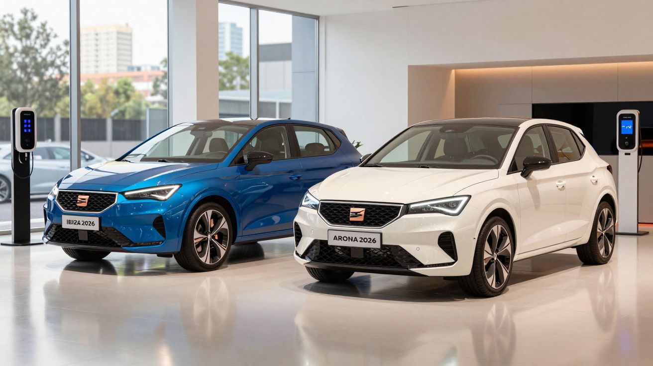 Dois carros elétricos da Seat modelo 2026, um azul e um branco, em showroom moderno com carregadores.