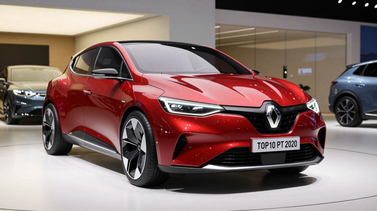Carro esportivo elétrico Renault vermelho exposto em estande de feira automotiva.
