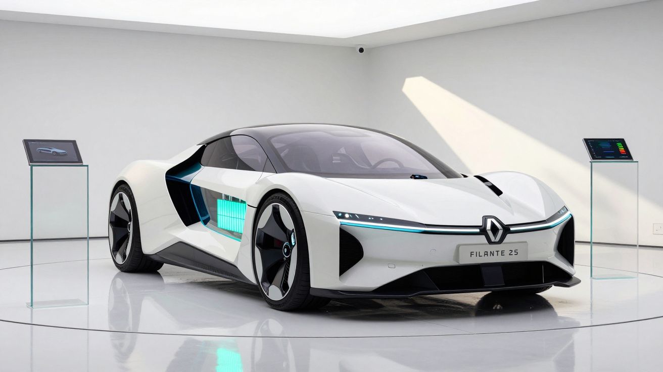 Carro conceito elétrico branco Renault Filante ZE exibido em ambiente clean e iluminado.