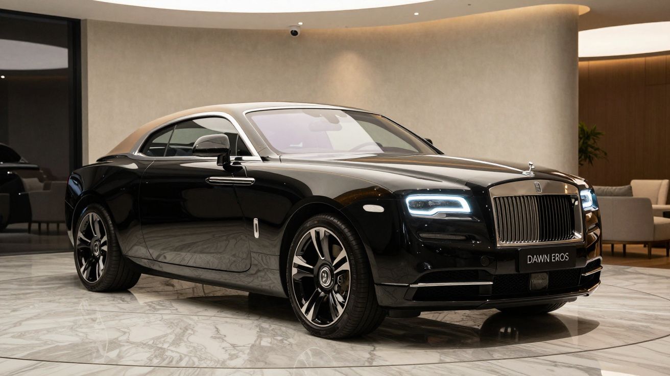 Carro de luxo preto Rolls-Royce Dawn Eros estacionado em piso de mármore branco, ambiente moderno interno.