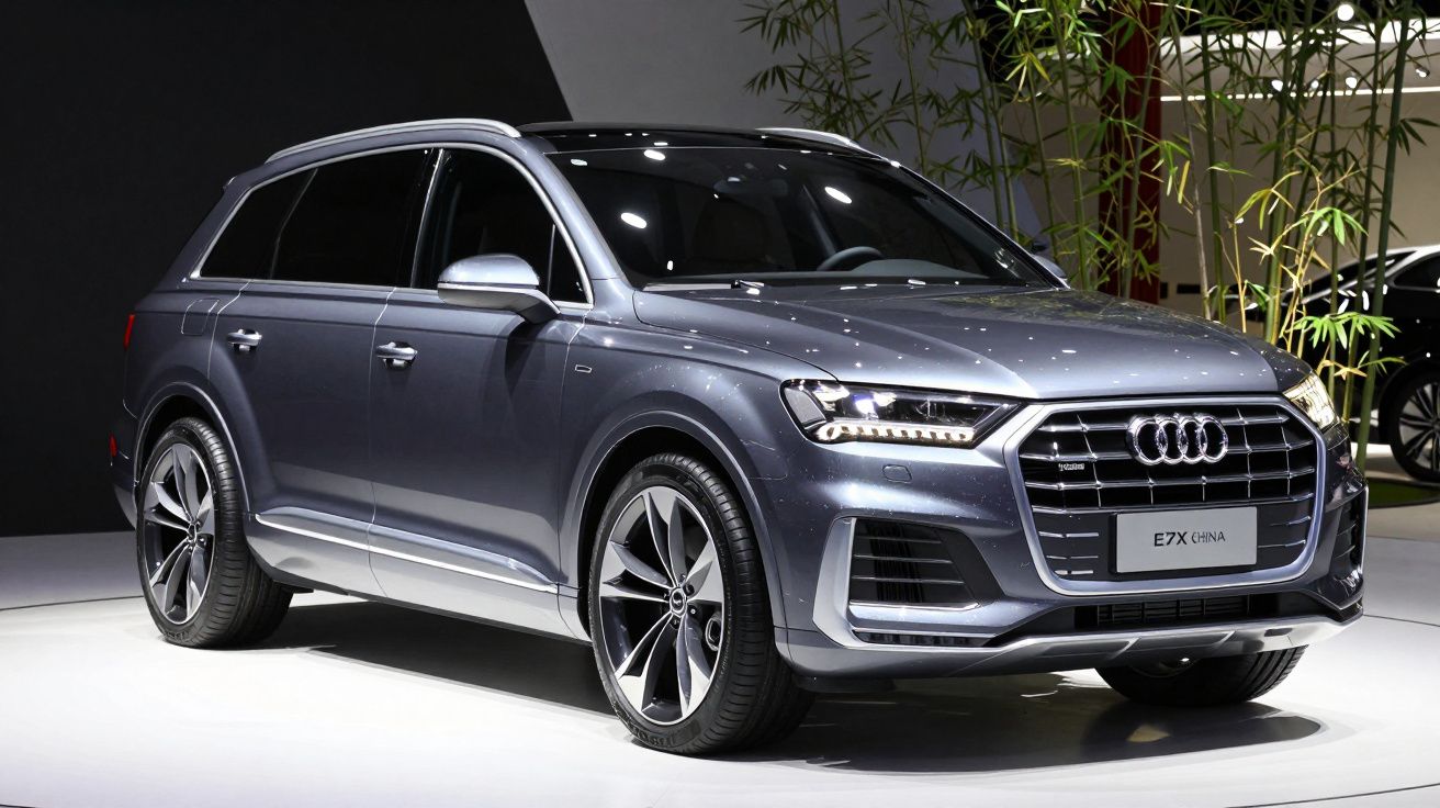 SUV Audi cinza grafite exposto em ambiente interno com iluminação intensa e plantas ao fundo.