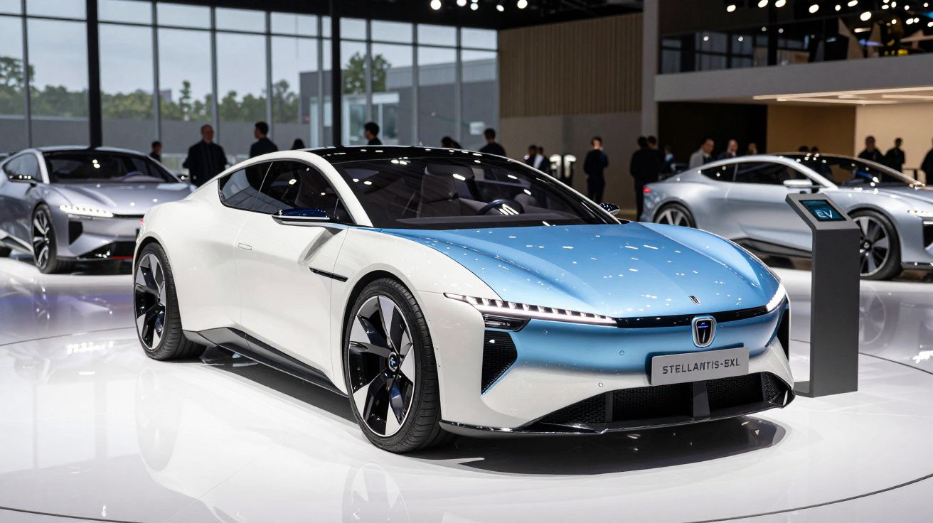 Carro esportivo branco e azul futurista exposto em salão de automóveis com vidro ao fundo e outras viaturas.