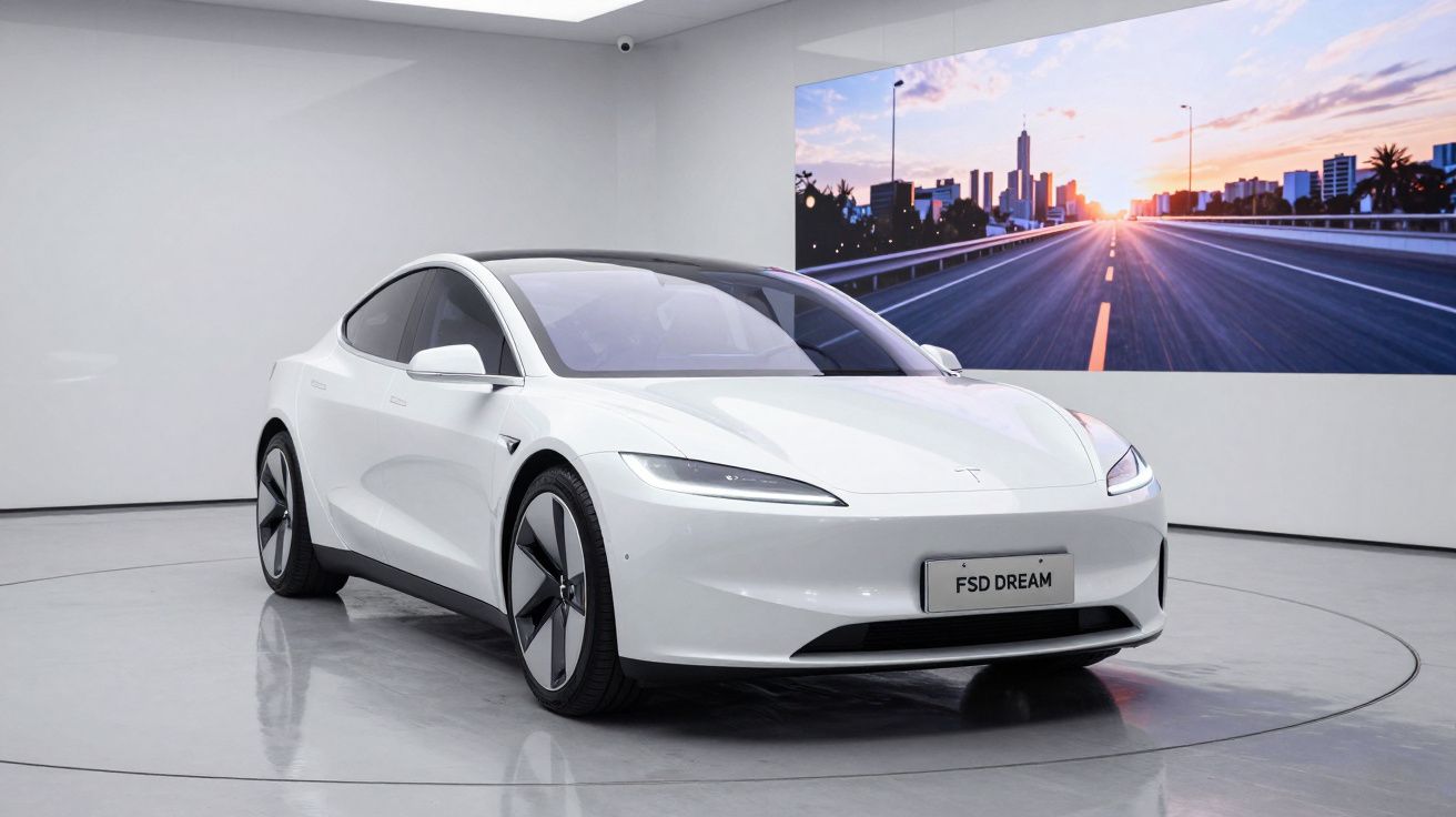 Carro elétrico branco Tesla Model S em exposição branca com tela mostrando estrada ao pôr do sol.