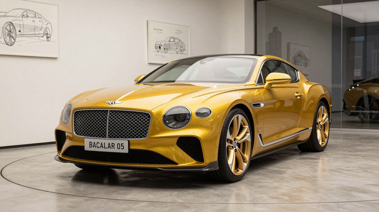 Carro esportivo Bentley Bacalar amarelo exibido em salão com desenhos de carro nas paredes.