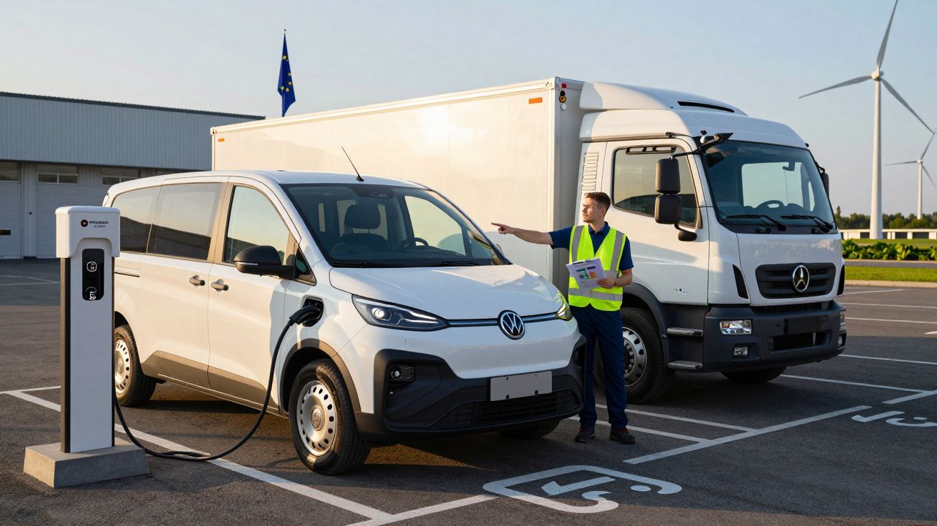 Carro elétrico branco sendo carregado em posto com técnico ao lado e caminhão estacionado atrás em área industrial.
