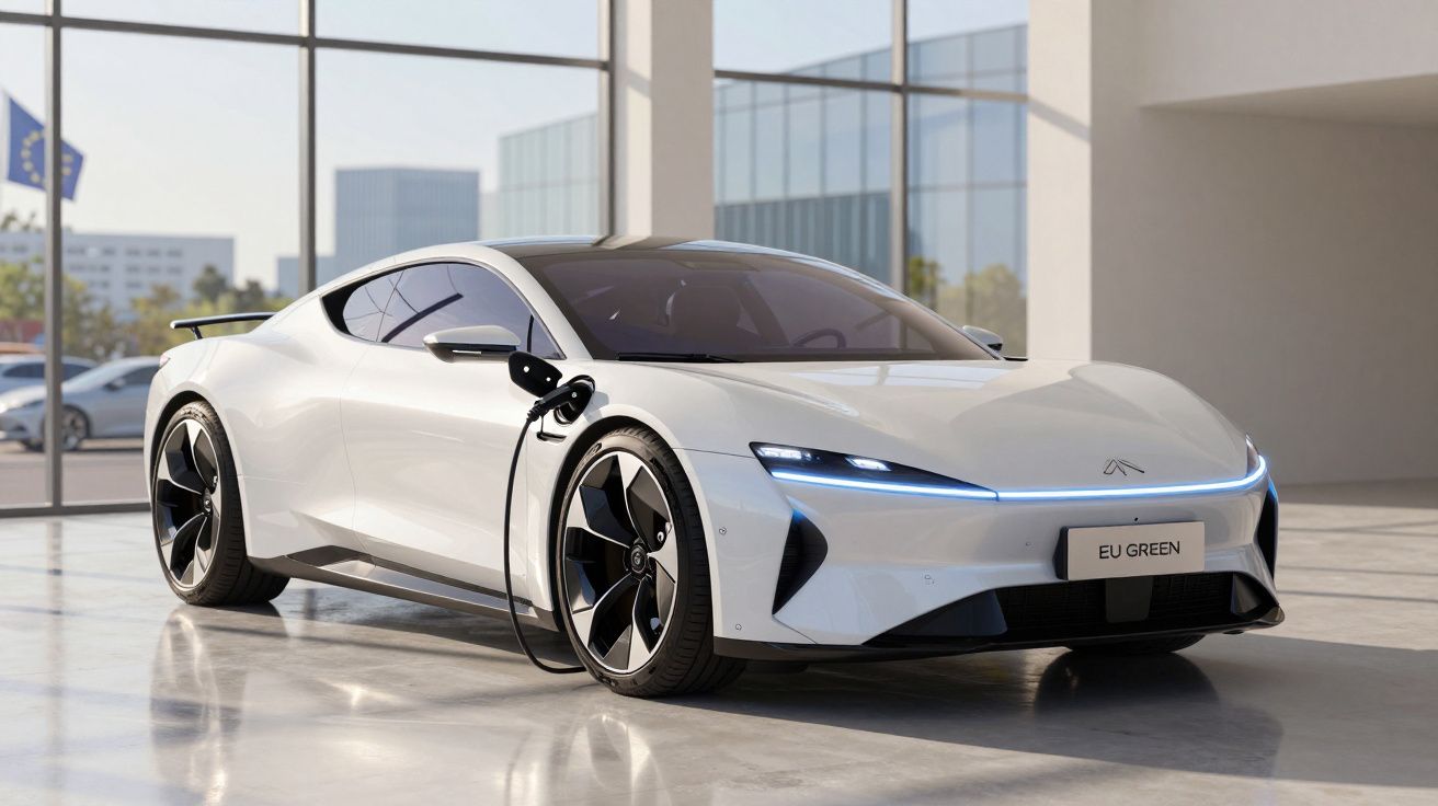 Carro elétrico branco estacionado em ambiente interno, conectado ao carregador, com luzes dianteiras acesas.