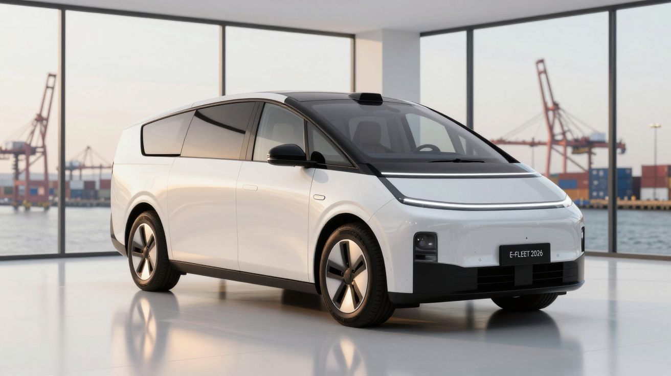 Veículo elétrico branco com design futurista em showroom com janelas grandes e vista para porto.