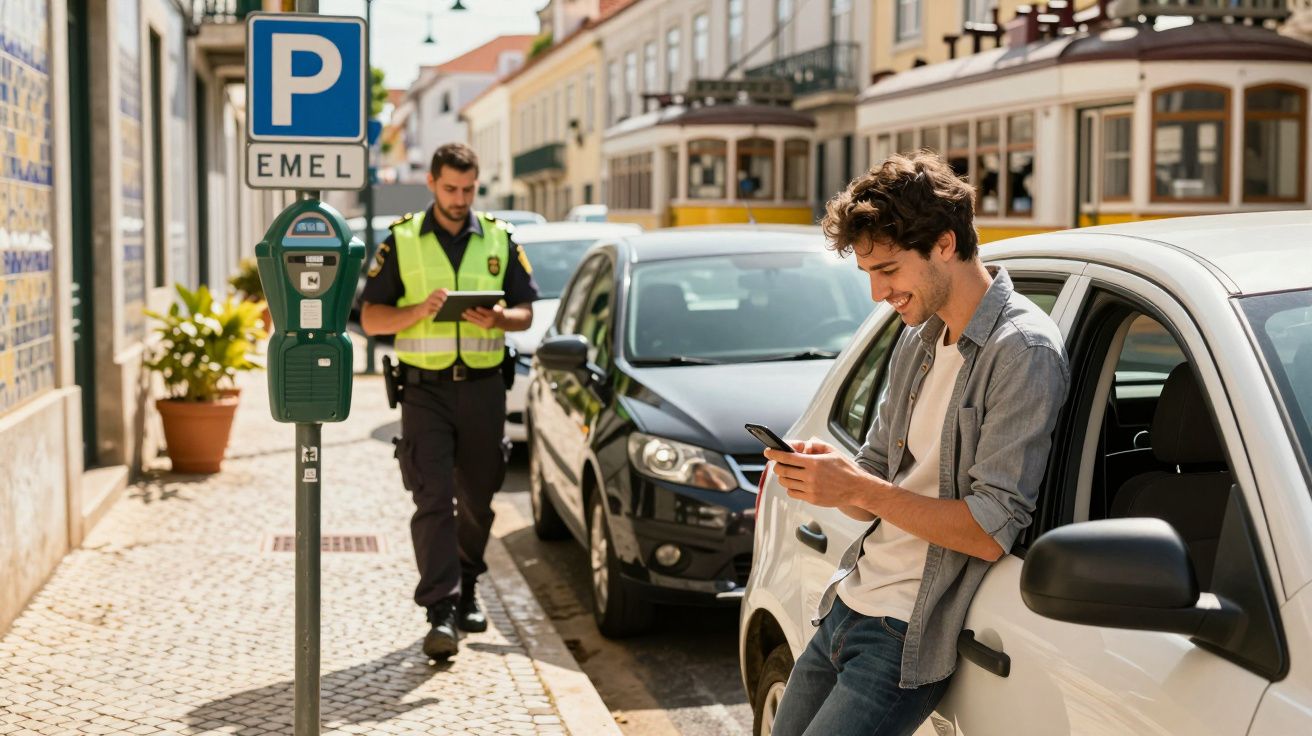 Homem encostado em carro olhando celular enquanto fiscal confere parquímetro em rua de paralelepípedos.