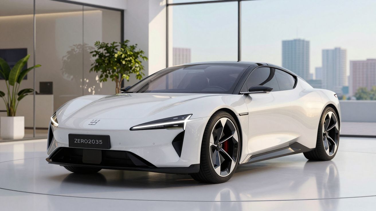 Carro esporte elétrico branco estacionado em ambiente moderno com janelas amplas e plantas.