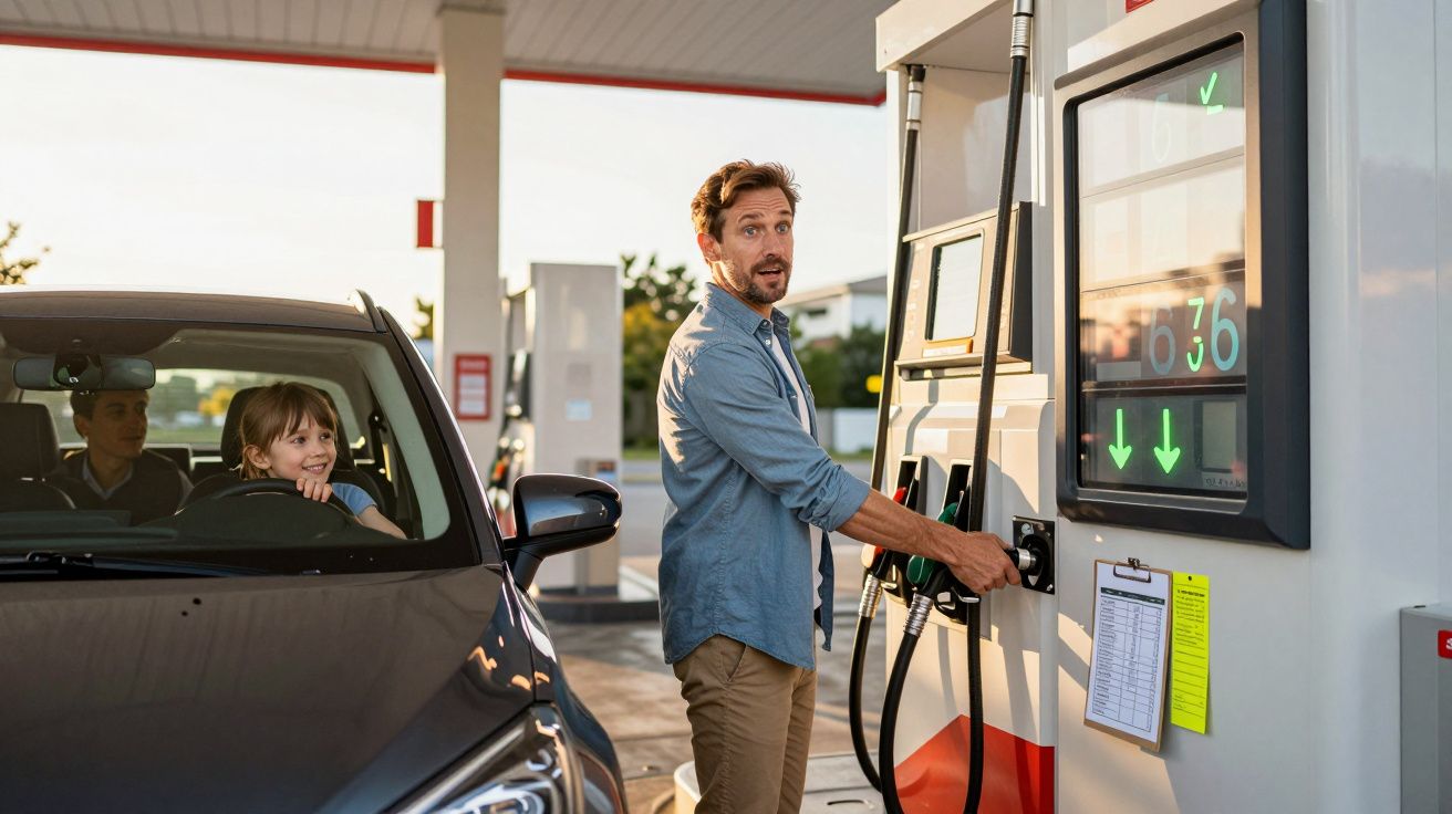 Homem abastecendo carro em posto enquanto crianças esperam dentro do veículo.