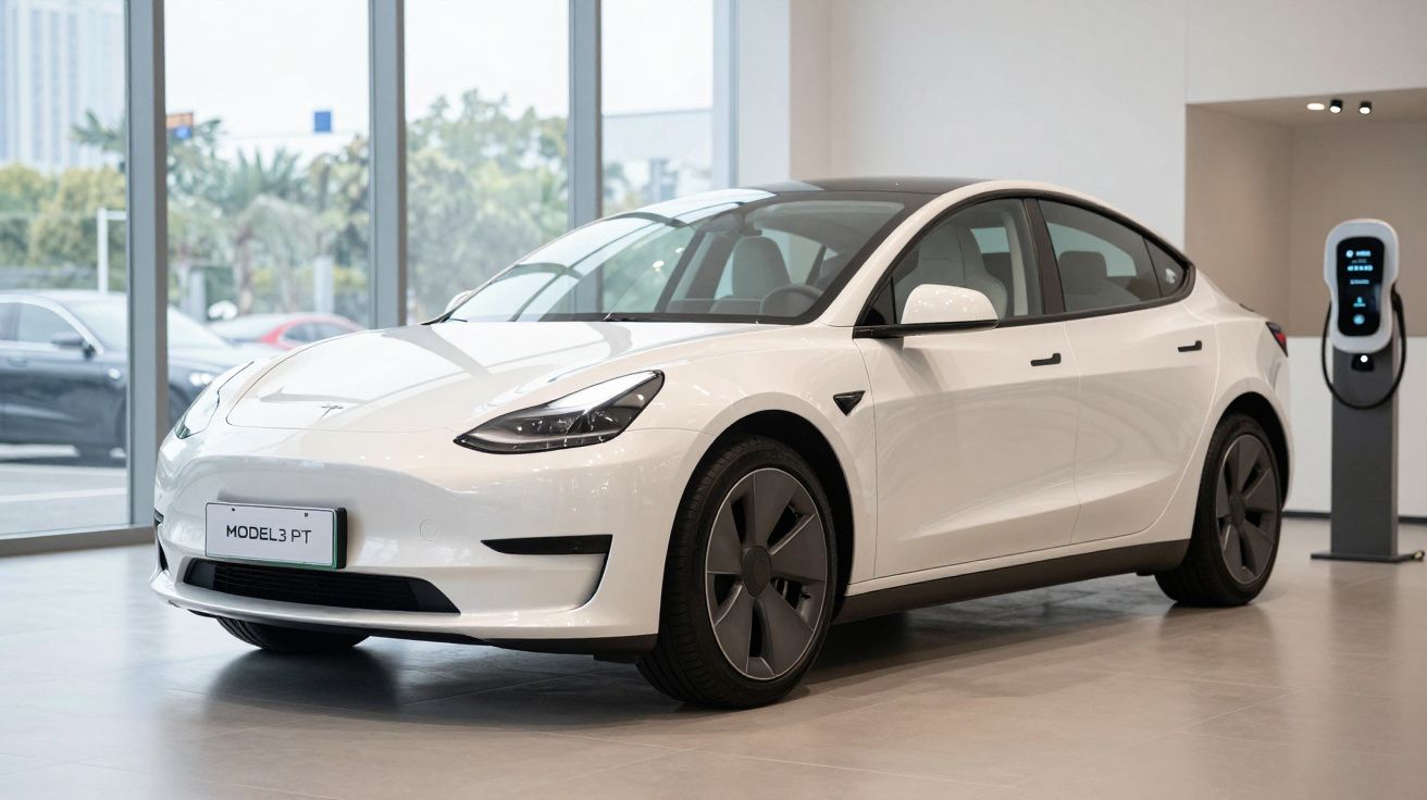 Carro elétrico branco Tesla Model 3 estacionado em showroom ao lado de estação de carregamento.