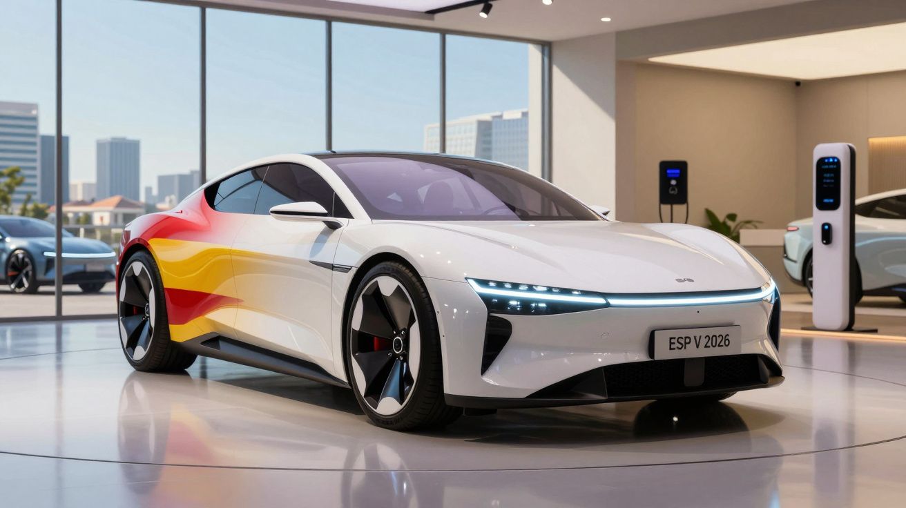 Carro esportivo branco com design moderno e detalhes em amarelo e vermelho, em showroom iluminado.