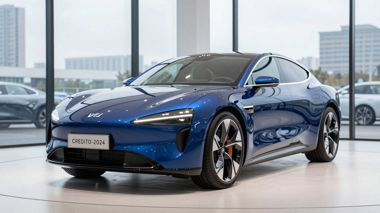 Carro esportivo azul metálico em exposição, com design aerodinâmico e rodas grandes, em ambiente moderno.