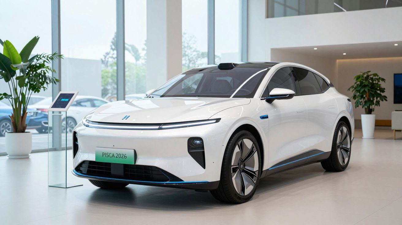 Carro elétrico branco modelo PISCA 2026 em salão moderno com plantas e grandes janelas.