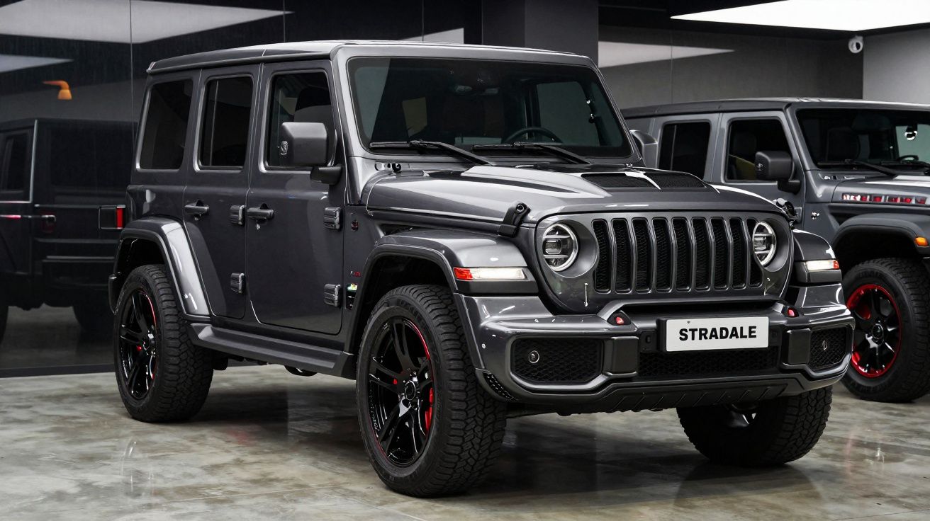 SUV Jeep Wrangler cinza metálico estacionado em piso refletivo dentro de garagem moderna.