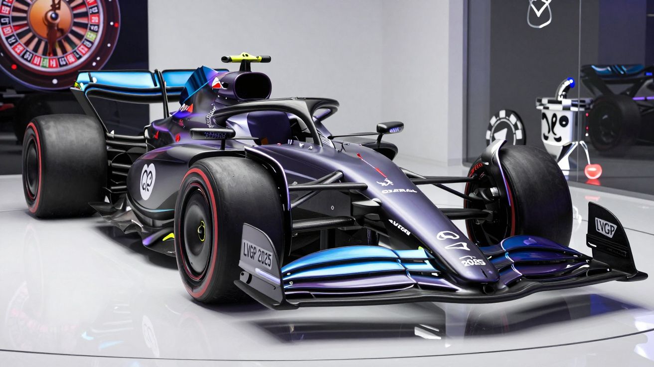 Carro de Fórmula 1 preto com detalhes azul metálico exibido em plataforma branca e luzes de estúdio.