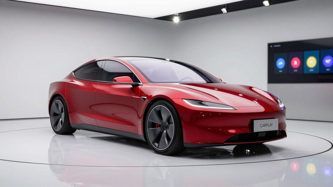 Carro elétrico esportivo vermelho exibido em sala branca com painel digital ao fundo.