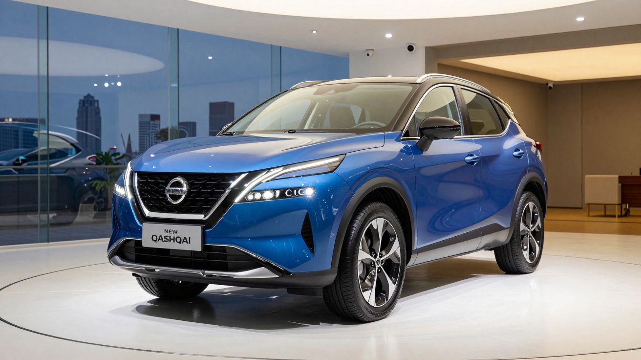 SUV Nissan Qashqai azul exibido em showroom moderno com piso branco e paredes de vidro.