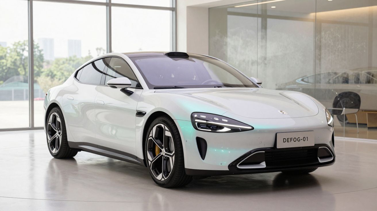 Carro esportivo elétrico branco estacionado em ambiente interno moderno e iluminado.