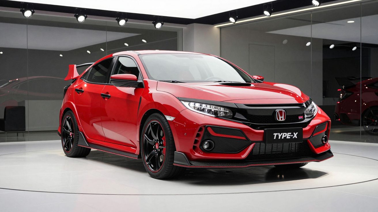 Carro esportivo Honda Civic Type-X vermelho em exposição, com rodas pretas e detalhes aerodinâmicos.