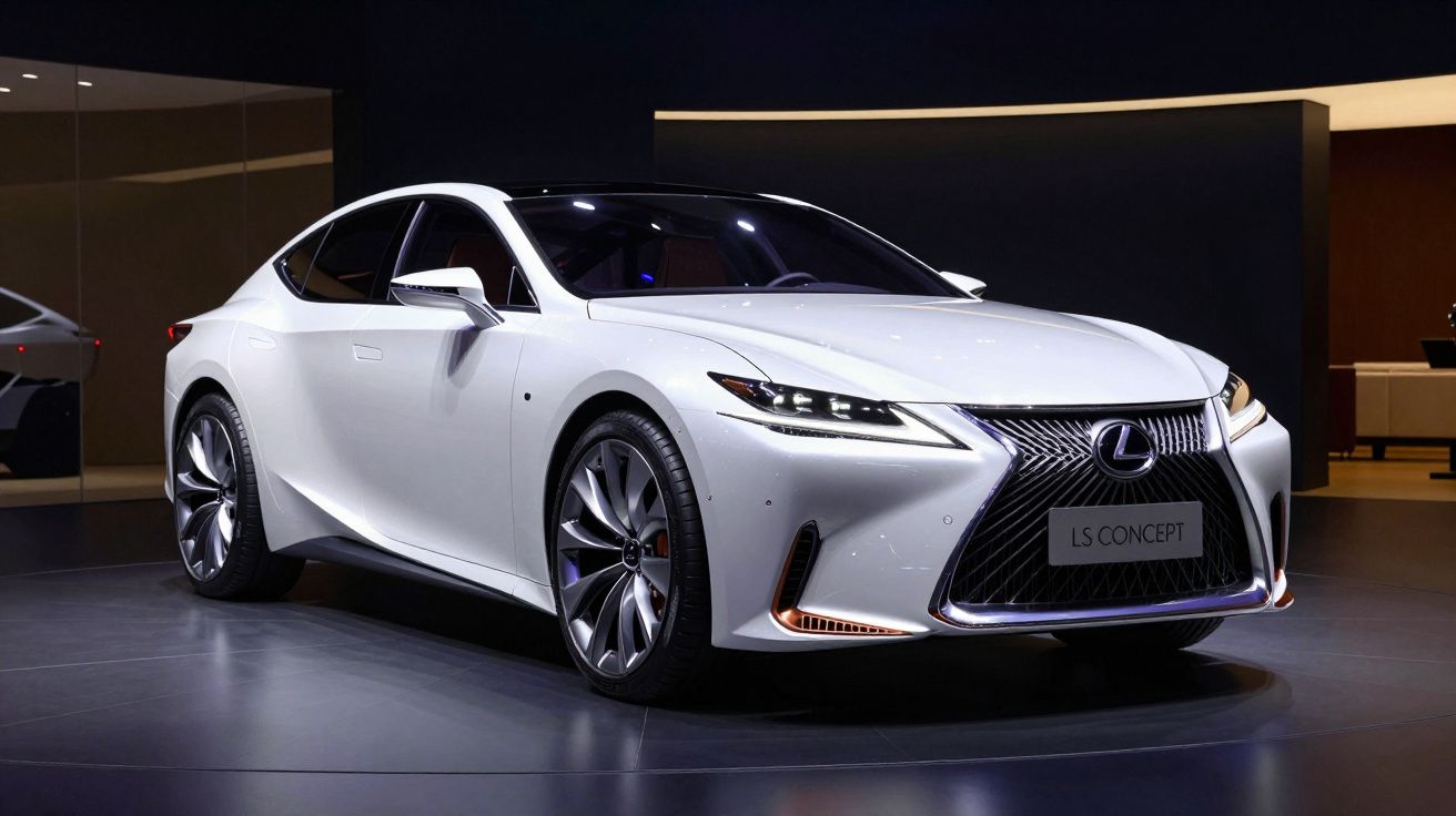 Carro conceito Lexus LS branco exibido em ambiente interno com iluminação suave e design moderno.