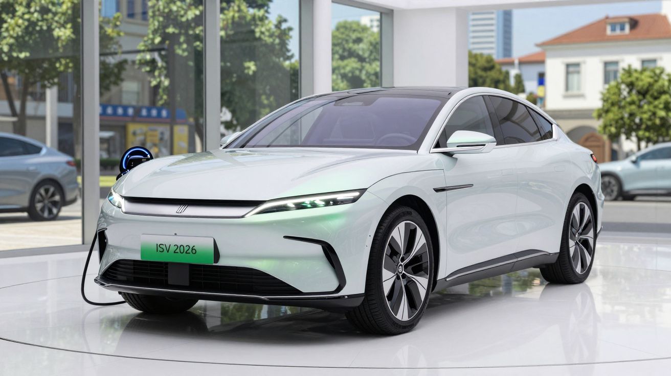 Carro elétrico branco modelo ISV 2026 sendo carregado em showroom moderno com janelas amplas.