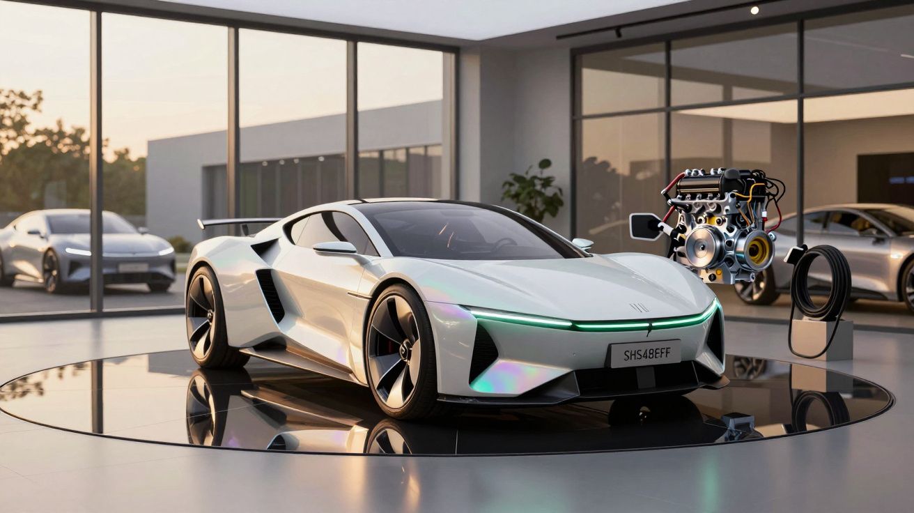 Carro esportivo branco moderno em exposição com motor e cabos destacados ao lado em showroom.