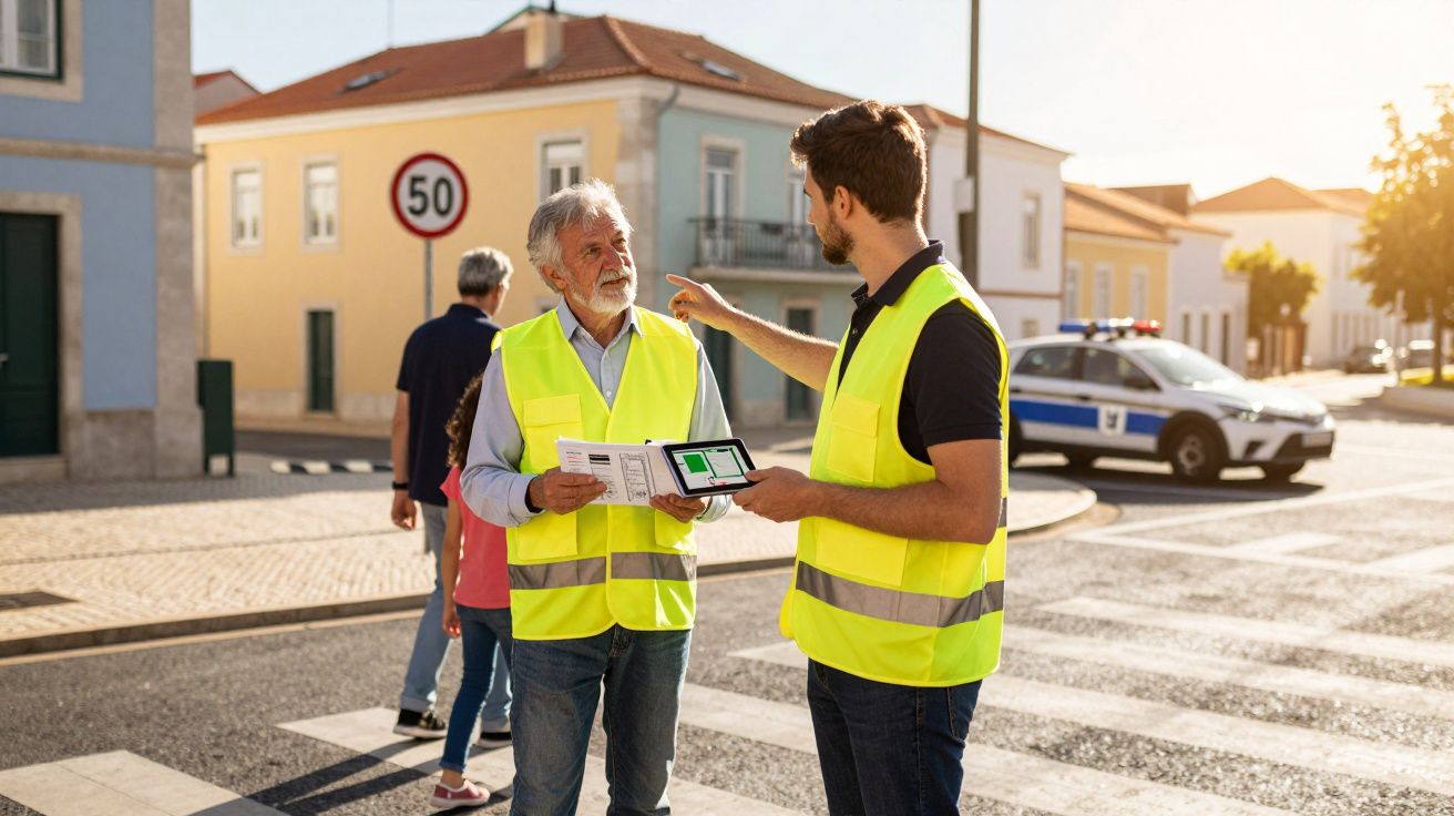 Dois homens com coletes refletores conversando numa faixa de pedestres em área urbana.