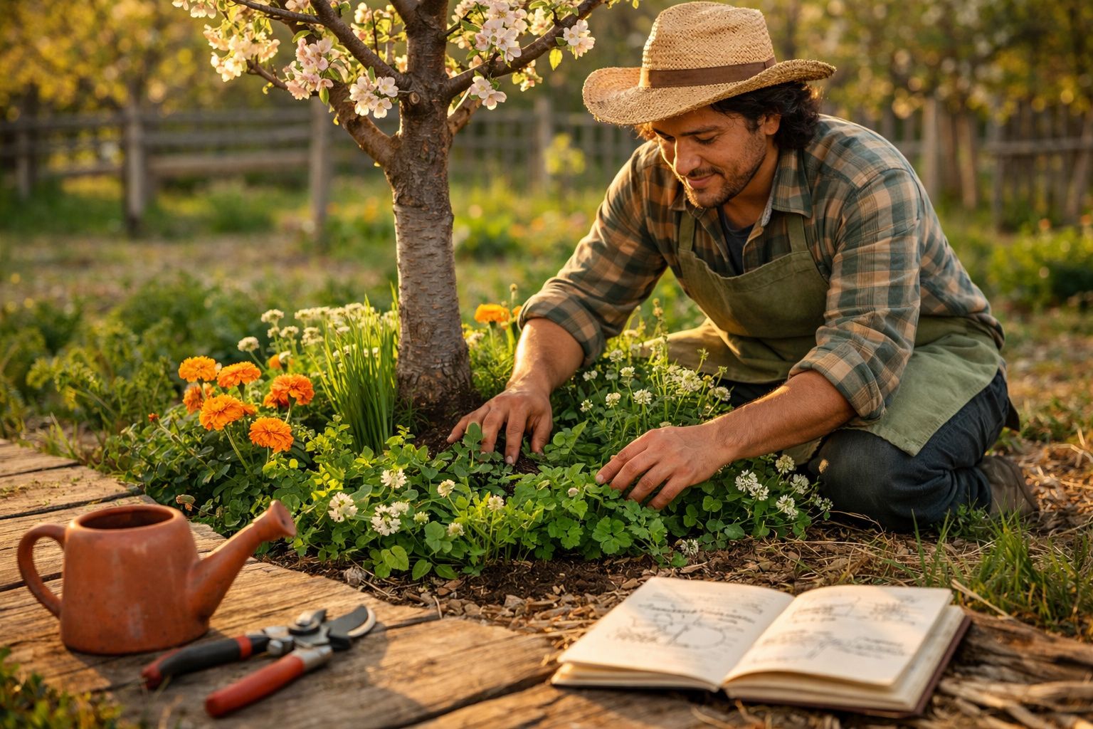 Homem com chapéu cuidando de plantas flores e livro aberto em jardim ao ar livre.