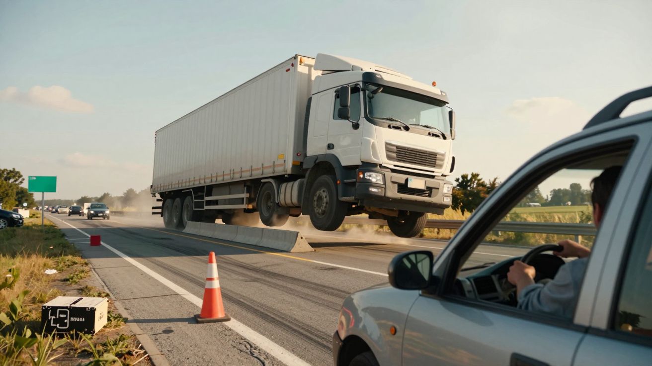 Caminhão branco pulando rampa em estrada com cones e carro cinza à direita.