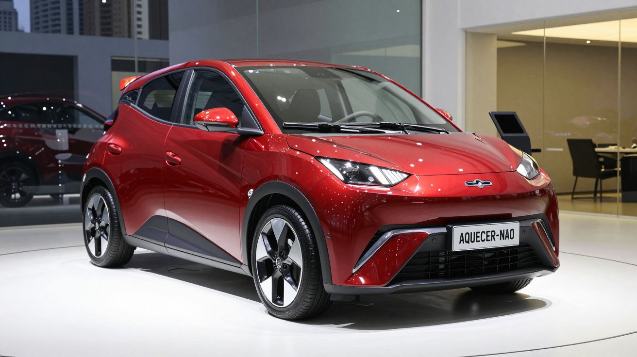 Carro elétrico vermelho compacto em exposição, com design moderno e aerodinâmico, placa com texto "AQUECER-NÃO".