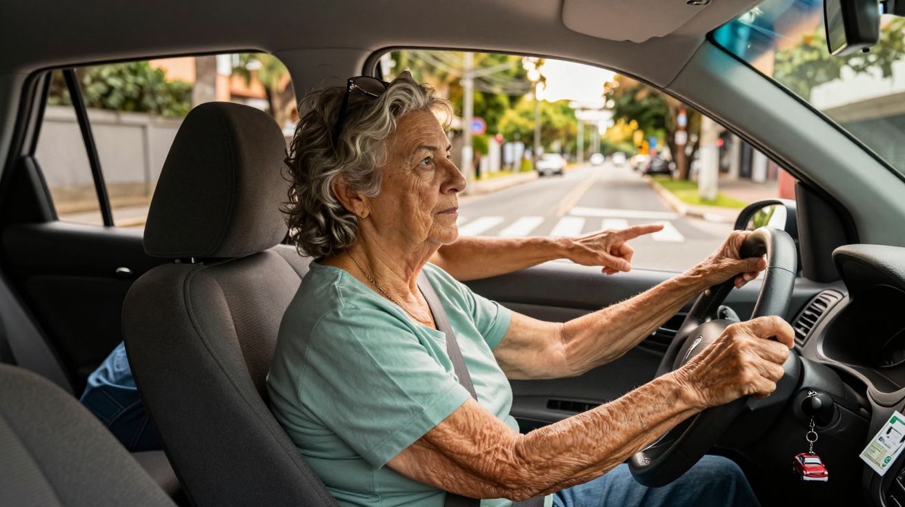 Mulher idosa dirigindo carro com motorista instruindo e apontando para a frente na cidade.