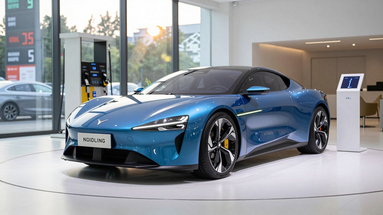 Carro esportivo azul metálico em exposição moderna com painel informativo ao lado em showroom iluminado.