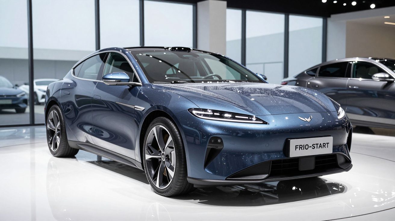 Carro esportivo elétrico azul em exposição dentro de showroom moderno com teto preto e janelas grandes.