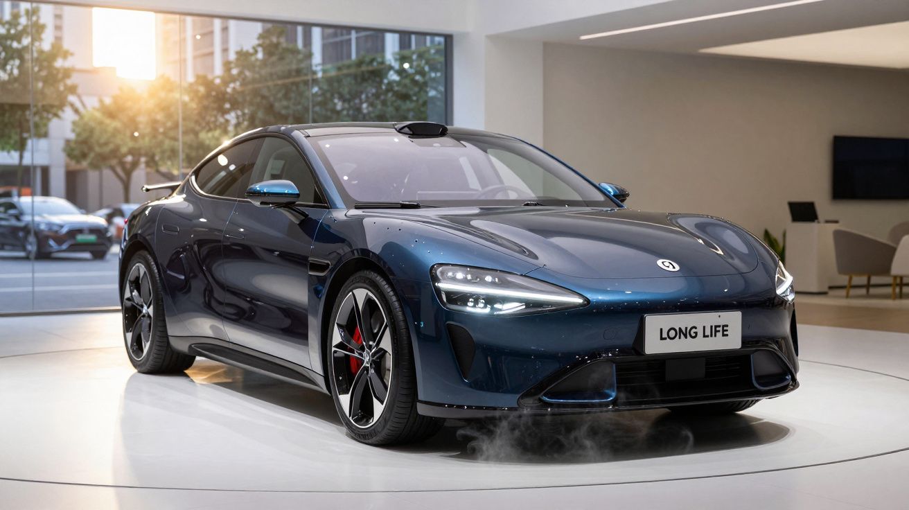 Carro esportivo elétrico azul escuro em showroom moderno com placa “LONG LIFE” na frente.