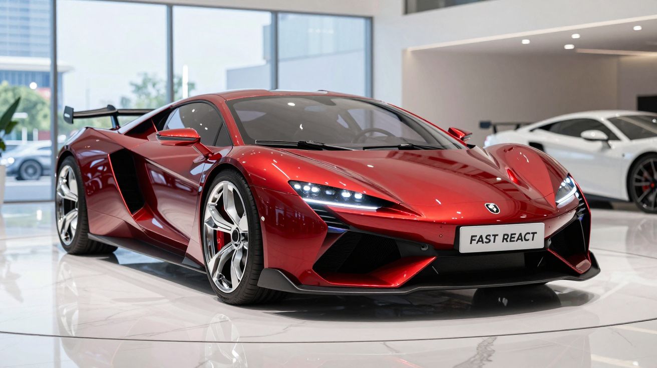 Carro esportivo vermelho com design aerodinâmico e placa Fast React em showroom moderno.