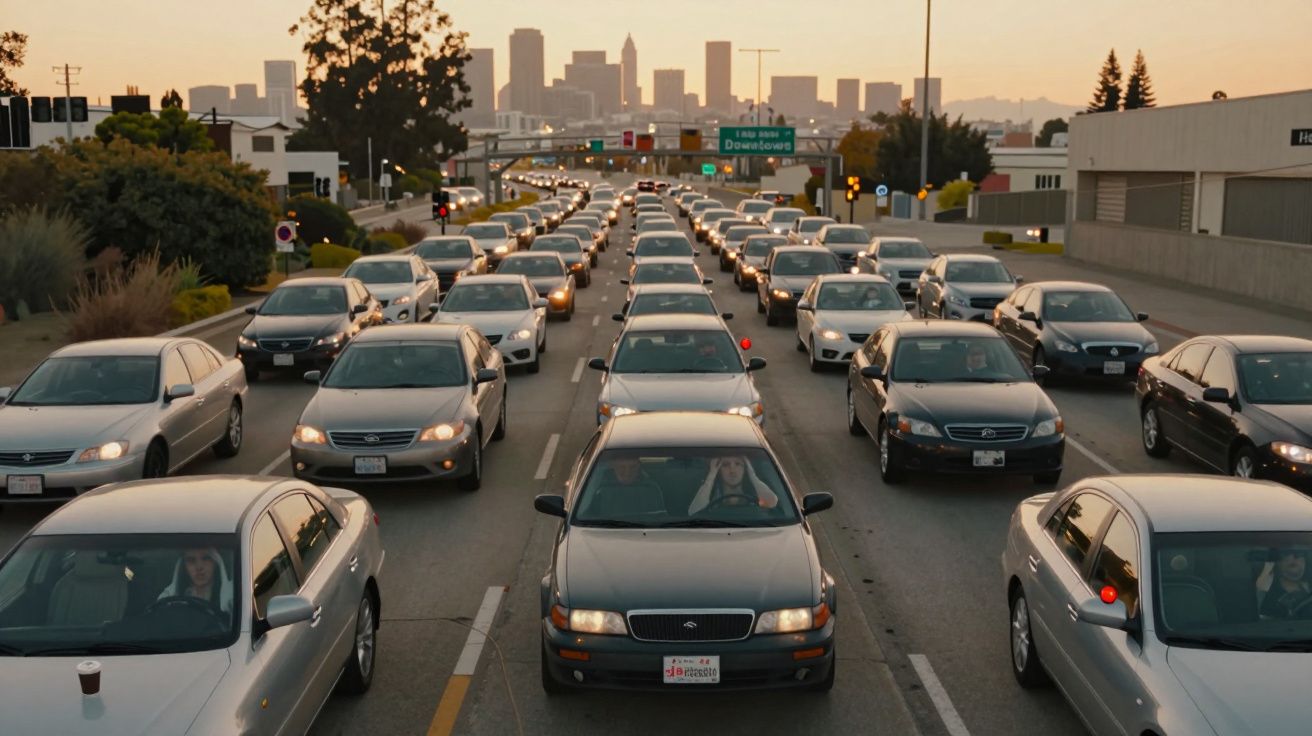 Trânsito intenso em rodovia urbana com vários carros parados durante o pôr do sol e prédios ao fundo.