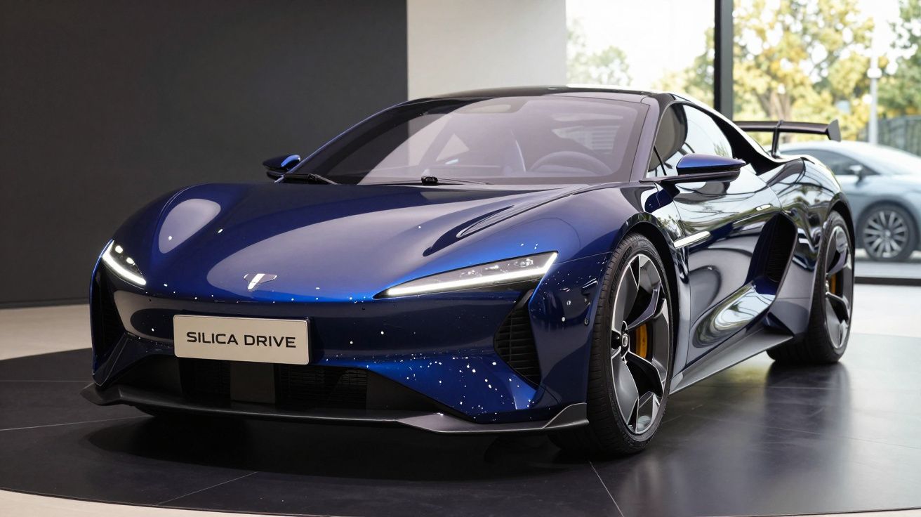 Carro esportivo elétrico azul escuro com design aerodinâmico e faróis de LED em showroom moderno.