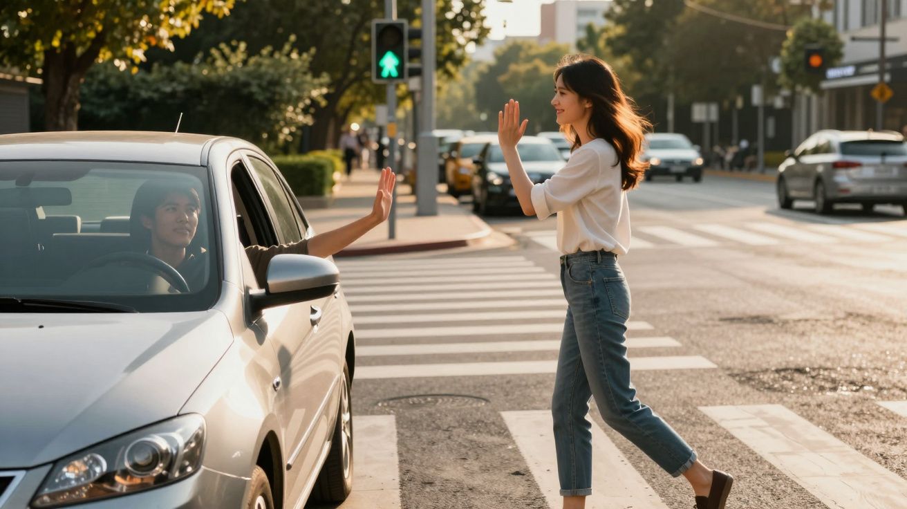 Mulher atravessando faixa de pedestres cumprimenta motorista de carro parado no semáforo verde.