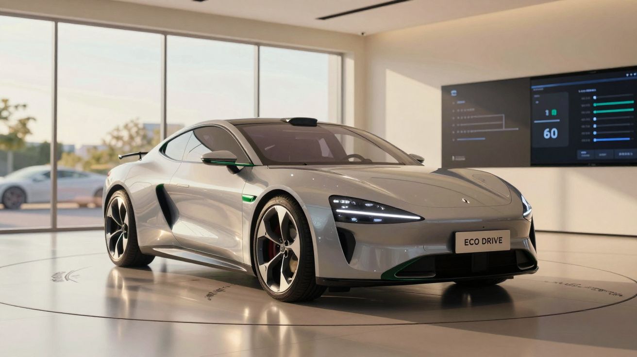 Carro esportivo elétrico prata em sala moderna com grandes janelas e tela digital na parede.