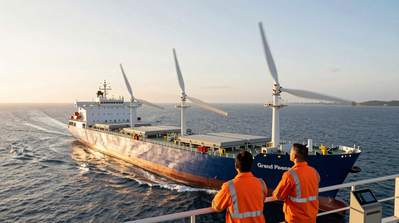 Navio cargueiro com três moinhos de vento navegando no mar, visto por dois trabalhadores com coletes laranja.