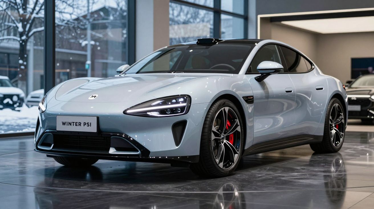 Carro esportivo elétrico branco exibido em showroom com neve na janela ao fundo.