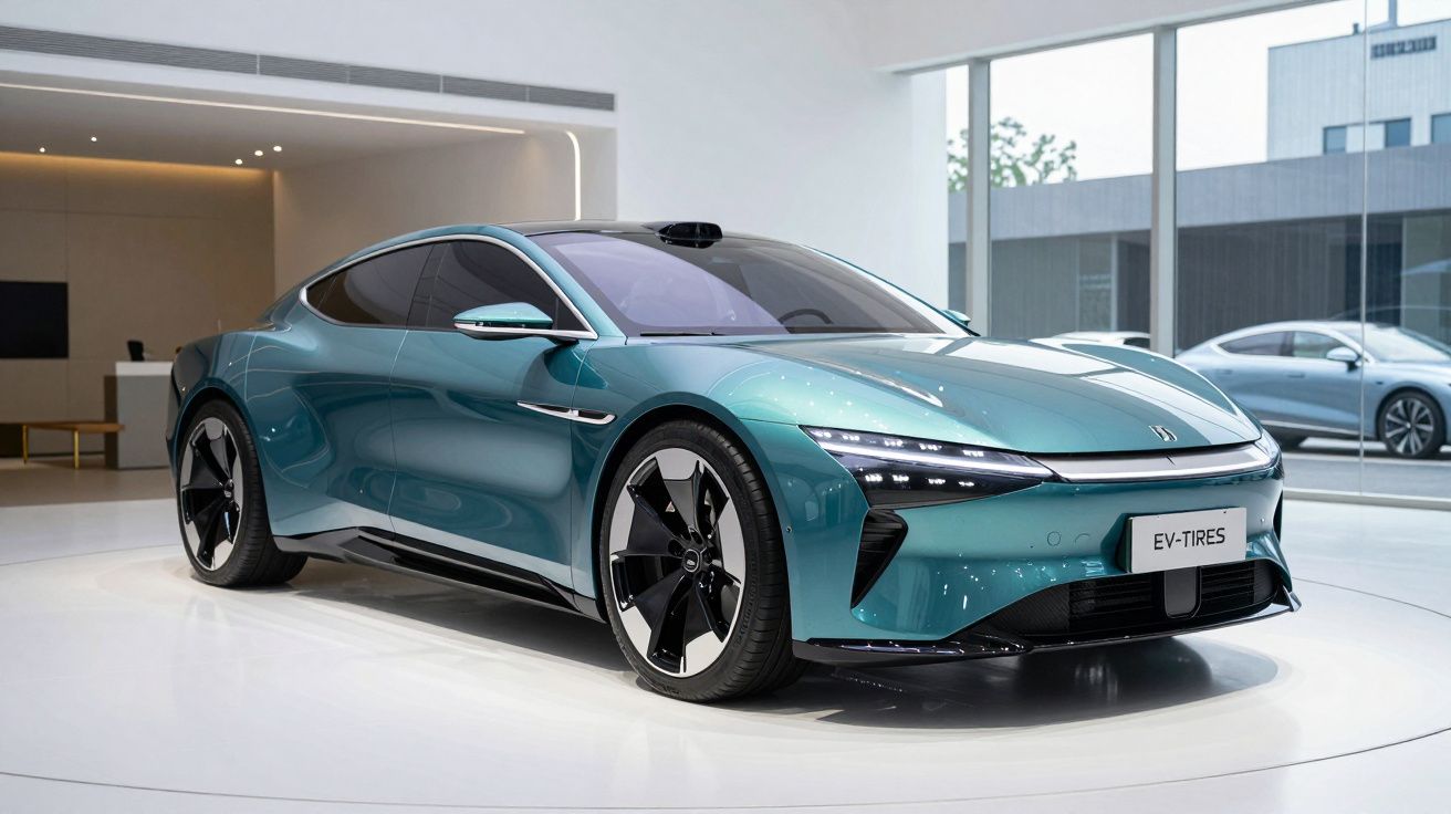 Carro esportivo elétrico verde com design aerodinâmico exibido em showroom moderno e iluminado.